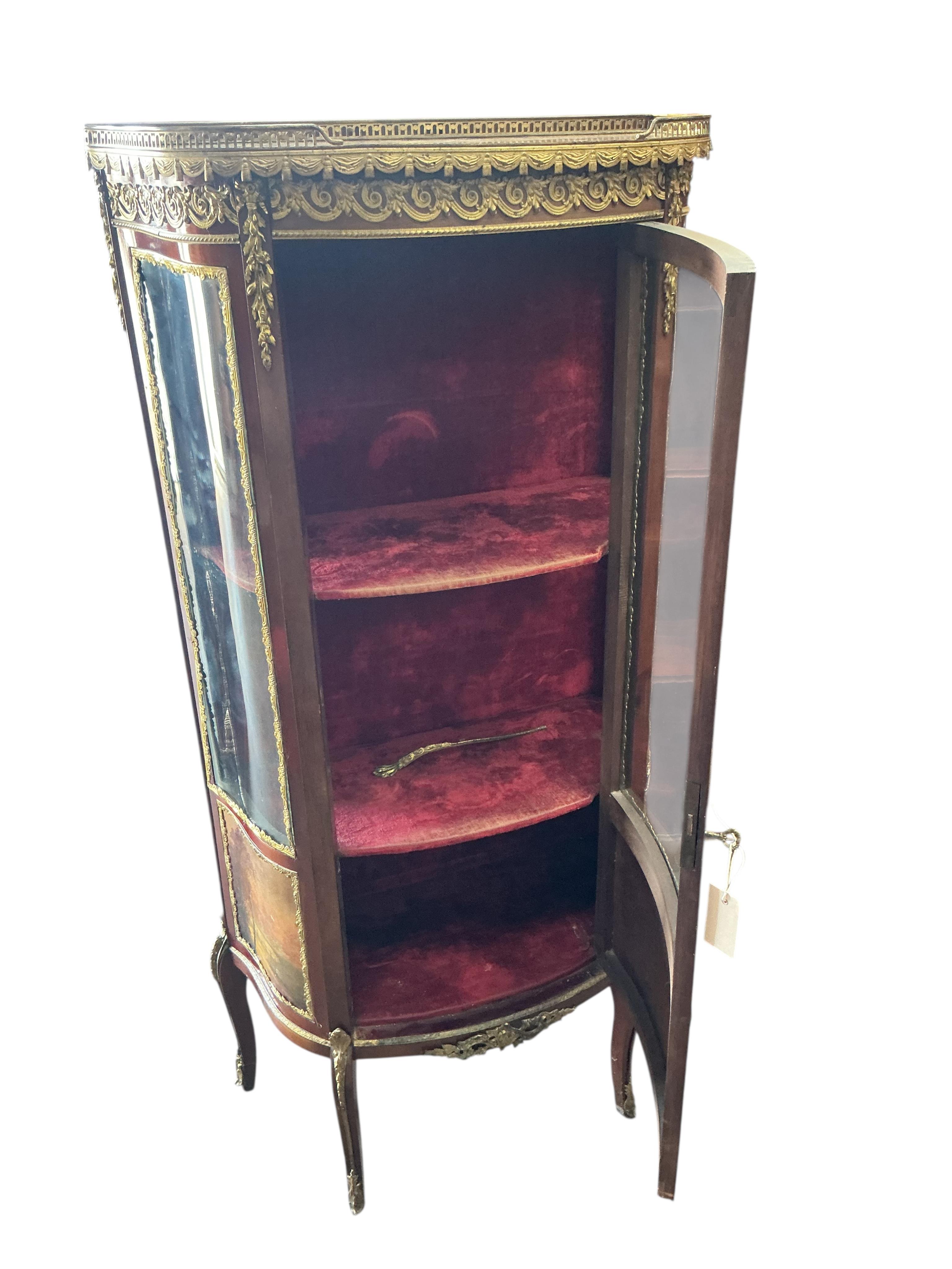 A Vernis Martin style gilt metal mounted mahogany marble top vitrine, width 68cm, depth 34cm, height 140cm